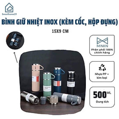 Bình Giữ Nhiệt INOX 304 - 500ml Kèm 2 Cốc Hộp Đựng  Sang Trọng Chắc Chắn Chất Lượng Cao - Tặng Cây Cọ Bình Nước - Hàng Loại 1 - Chính Hãng MINIIN