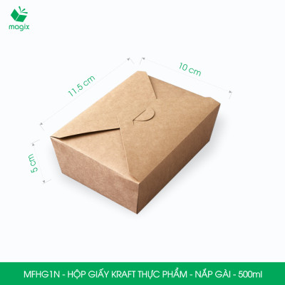 MFHG1N - 50 hộp giấy kraft thực phẩm 500ml, hộp giấy nắp gập màu nâu đựng thức ăn, hộp giấy nắp gài gói đồ ăn mang đi 