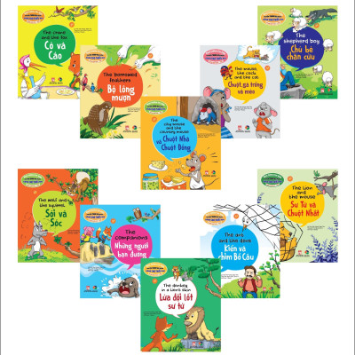 Combo 4 quyển Truyện tranh ngụ ngôn dành cho thiếu nhi ( Song Ngữ Anh - Việt )cò và cáo+ chú bé chăn cừu+ kiến và chim bồ câu+ bộ lông mượn