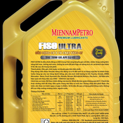 Dầu Nhớt Tổng Hợp MiennamPetro Fiso Ultra 20W-50 API SJ/CF 4L Bảo Vệ Và Chống Ăn Mòn Động Cơ Xe Ô Tô, Xe Khách Cao Cấp