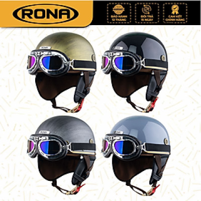 Mũ bảo hiểm xe máy nửa đầu Rona Pug kèm kính phi công viền bạc, nón xe máy nam nữ freesize