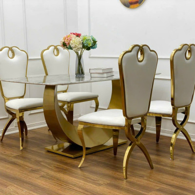 Bộ bàn ăn Tundo khung cánh cung mạ PVD 1m6, ghế Queen 4 cái kèm theo và mặt đá chất lượng
