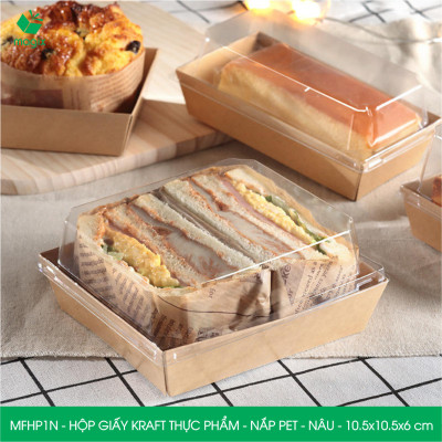 Combo 25 hộp giấy kraft thực phẩm màu nâu nắp Pet, hộp giấy đựng thức ăn, hộp bánh nắp trong