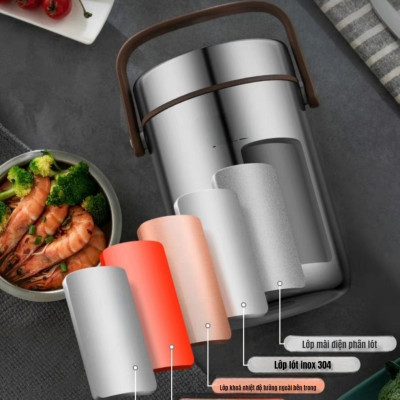 Cặp Lồng cơm, hộp cơm giữ nhiệt văn phòng chất liệu inox 304 cao cấp, cặp lồng cà men 3 tầng, nắp chống tràn, 1,6L / 2.0L