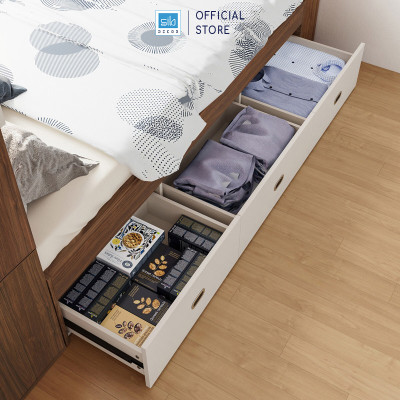 Giường Ngủ Liền Tủ Quần Áo Tích Hợp Kệ Đầu Giường Thông Minh Màu Walnut Phối Trắng SIB Decor GN03