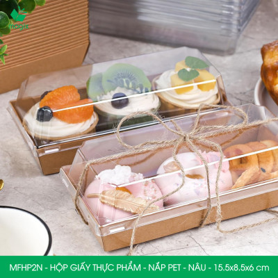 MFHP2N - 15.5x8.5x6 cm - 25 hộp giấy kraft thực phẩm màu nâu nắp Pet, hộp giấy chữ nhật đựng thức ăn, hộp bánh nắp trong