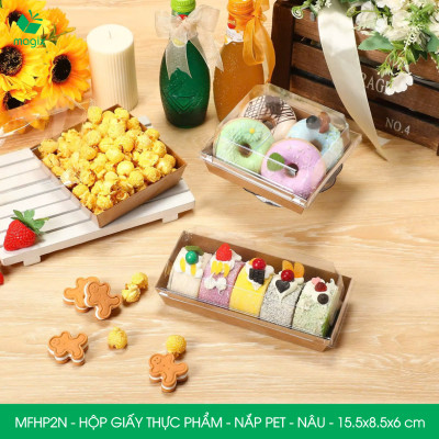 MFHP2N - 15.5x8.5x6 cm - 25 hộp giấy kraft thực phẩm màu nâu nắp Pet, hộp giấy chữ nhật đựng thức ăn, hộp bánh nắp trong