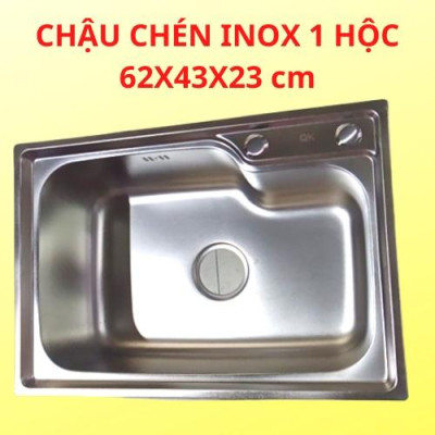 Chậu chén inox 1 hộc kích thước 62x43x23 cm (đầy đủ bộ xả)