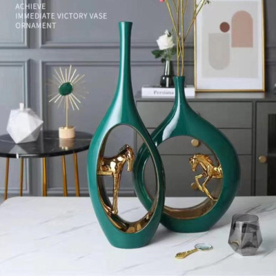 Bộ Tượng Để Bàn Hình Cổ Vịt Màu Xanh, Gốm Bát Tràng,  Lọ Hoa Decor