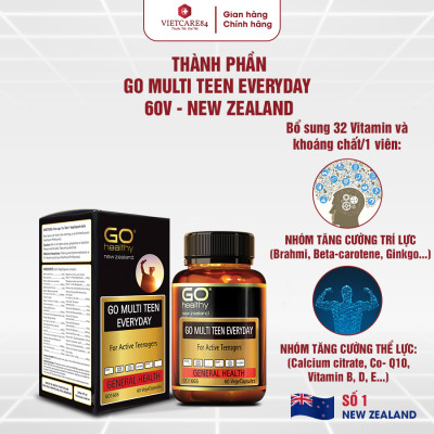 Viên uống dành cho tuổi teen nhập khẩu chính hãng New Zealand GO MULTI TEEN EVERYDAY (60 viên)  bổ sung 32 vitamin, khoáng chất và một số dưỡng chất hỗ trợ duy trì và tăng cường sức khỏe cho trẻ ở tuổi tăng trưởng, tuổi dậy thì