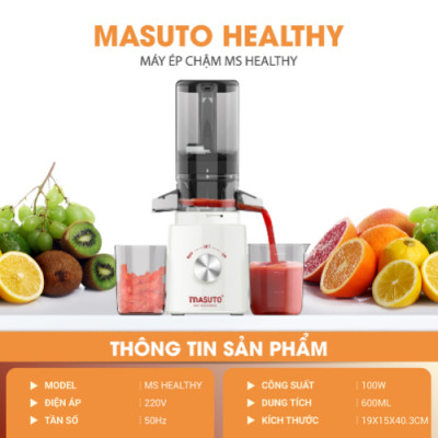 Máy ép chậm trái cây Masuto MS Healthy ép nguyên quả kiệt bã dung tích 0,6l, Ép hoa quả, làm nước detox, làm kem - Hàng chính hãng