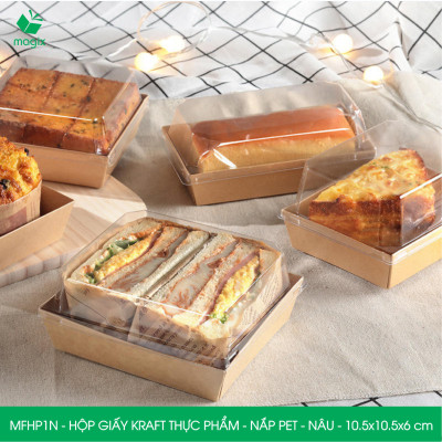 Combo 25 hộp giấy kraft thực phẩm màu nâu nắp Pet, hộp giấy đựng thức ăn, hộp bánh nắp trong