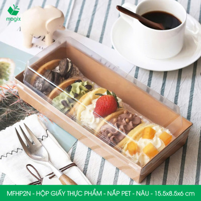 MFHP2N - 15.5x8.5x6 cm - 25 hộp giấy kraft thực phẩm màu nâu nắp Pet, hộp giấy chữ nhật đựng thức ăn, hộp bánh nắp trong