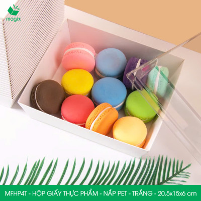 MFHP4T - 20.5x15x6 cm - 25 hộp giấy thực phẩm màu trắng nắp Pet, hộp giấy chữ nhật đựng thức ăn, hộp bánh nắp trong