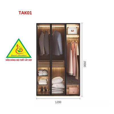 Tủ quần áo gỗ MDF cánh kính cường lực khung nhôm TAK03A - Nội thất lắp ráp Viendong Adv