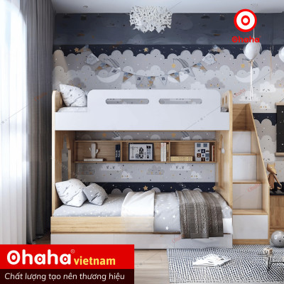[ Miễn phí vận chuyển và lắp đặt tại TP.HCM] Giường tầng thông minh hiện đại Ohaha kèm hệ tủ mở bên hông - GTHĐ021
