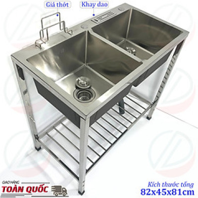 COMBO Chậu Rửa Chén Bát 2 Hộc Đa Năng Dài 82cm x Rộng 45cm Có Chân Cao 81cm - Chậu có khay dao, thớt tiện lợi