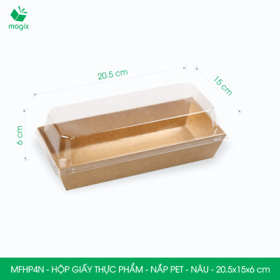 MFHP4N - 20.5x15x6 cm - 50 hộp giấy kraft thực phẩm màu nâu nắp Pet, hộp giấy chữ nhật đựng thức ăn, hộp bánh nắp trong