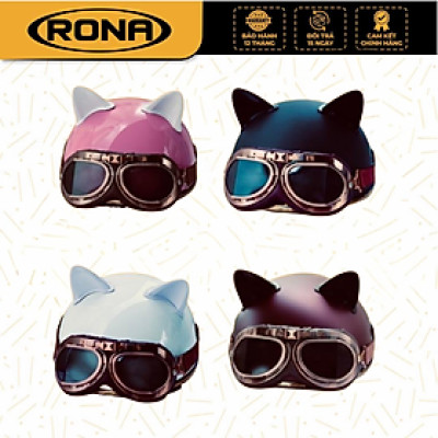Mũ bảo hiểm xe máy nửa đầu Rona Luxury kèm kính phi công viền đồng, nón bảo hiểm có lỗ thông gió tặng kèm tai mèo