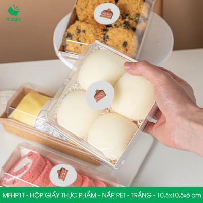 MFHP1T - 10.5x10.5x6 cm - 25 hộp giấy thực phẩm màu trắng nắp Pet, hộp giấy vuông đựng thức ăn, hộp bánh nắp trong