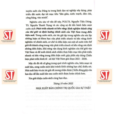 Sách - Phát Triển Nhanh Và Bền Vững - Kinh Nghiệm Thành Công Của Thế Giới Và Định Hướng Chính Sách Của Việt Nam - NXB Chính Trị Quốc Gia