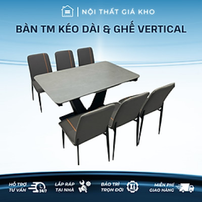 Bộ bàn ăn thông minh kéo dài mặt đá phiến Ceramic nhám chân chữ V kết hợp ghế VERTICAL