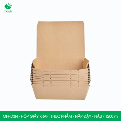 MFHD3N - Combo 100 hộp giấy kraft thực phẩm 1200ml, hộp đựng thức ăn nắp đậy màu nâu, hộp gói đồ ăn mang đi