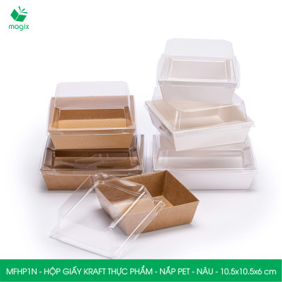 Combo 25 hộp giấy kraft thực phẩm màu nâu nắp Pet, hộp giấy đựng thức ăn, hộp bánh nắp trong