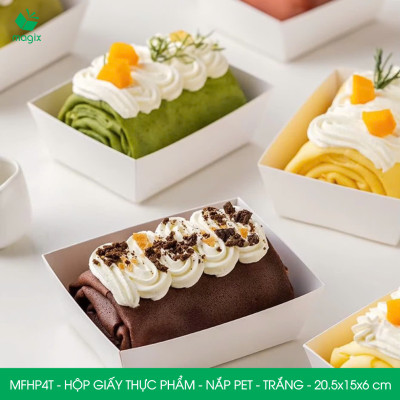 MFHP4T - 20.5x15x6 cm - 25 hộp giấy thực phẩm màu trắng nắp Pet, hộp giấy chữ nhật đựng thức ăn, hộp bánh nắp trong
