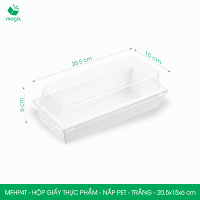 MFHP4T - 20.5x15x6 cm - 100 hộp giấy thực phẩm màu trắng nắp Pet, hộp giấy chữ nhật đựng thức ăn, hộp bánh nắp trong