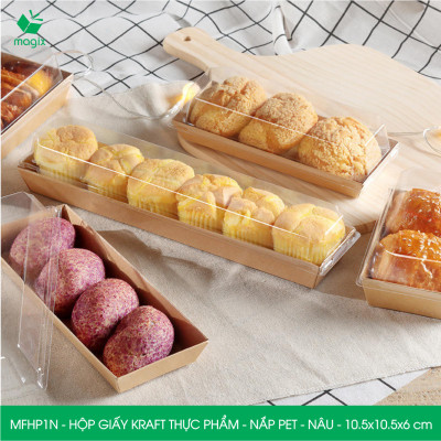 Combo 25 hộp giấy kraft thực phẩm màu nâu nắp Pet, hộp giấy đựng thức ăn, hộp bánh nắp trong