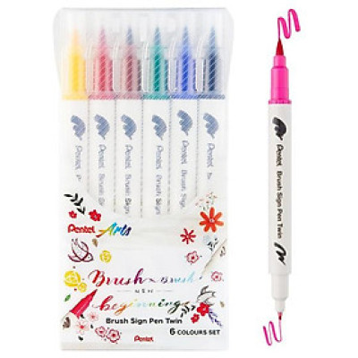 Bộ 6 Bút Lông Màu Nước 2 Đầu - Brush Sign Pen Twin - Pentel Art SESW30C-06E