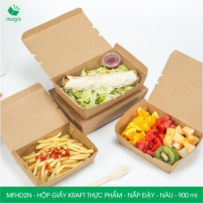 MFHD2N - Combo 100 hộp giấy kraft thực phẩm 900ml, hộp đựng thức ăn nắp đậy màu nâu, hộp gói đồ ăn mang đi
