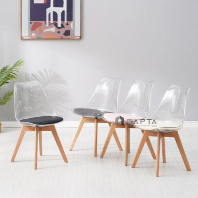 Bộ bàn tiếp khách 2 ghế Eames  thân nhựa trong suốt nệm PVC chân gỗ bàn chân trụ mặt tròn 60cm Bộ bàn ghế nhỏ gọn tiết kiệm diện tích SL TE TULIP 2-06W / DSW-PC3 Livingroom Compact Table Set