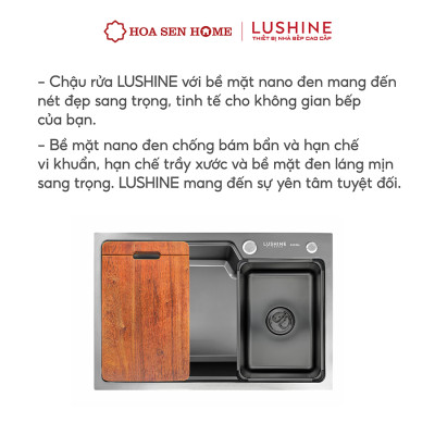 Bộ chậu rửa chén INOX 304 LUSHINE D003 công nghệ tạo hình thủ công, bề mặt Nano đen sang trọng, chống xước bền bỉ - Hoa Sen Home - Hàng chính hãng