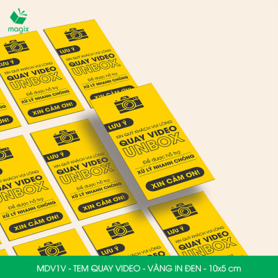 100 Tem chú ý quay video trước khi mở hàng, decal dán hộp - 10x5 cm - Vàng in đen - MDV1V