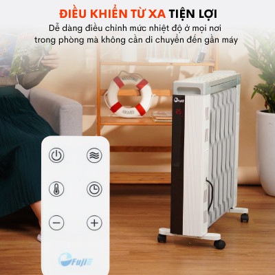 Máy sưởi dầu điều khiển từ xa FujiE OFR7913,13 thanh sưởi phòng 30m2 tự ngắt an toàn, bảng điện tử điều chỉnh nhiệt độ - Hàng chính hãng