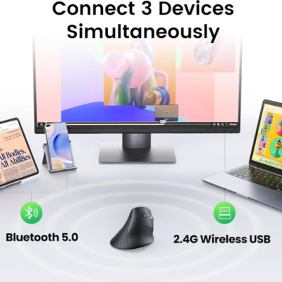 Chuột công thái học Ugreen 25444 MU008, Bluetooth 5.0 + USB Receiver 2.4GHz, DPI 1000/1600/2000/4000 - Hàng chính hãng