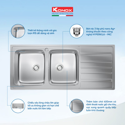 Chậu rửa bát Konox, European Series, Model Artusi KS11650 1D , Inox 304AISI tiêu chuẩn châu Âu, 1160x500x215(mm), Hàng chính hãng
