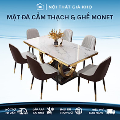 Bộ bàn ăn mặt đá Cẩm thạch nhân tạo khung inox mạ vàng kết hợp ghế Monet phong cách Bắc Âu