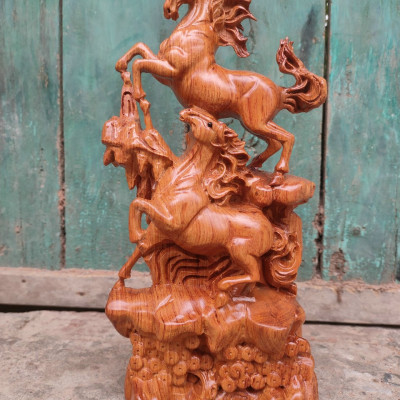 Tượng con ngựa song mã uyên ương bằng gỗ hương đá kt 30×12×7cm