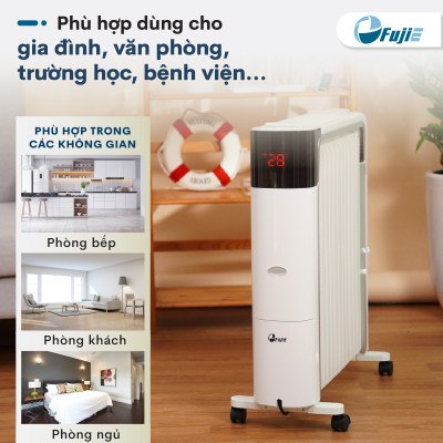 Máy sưởi dầu điều khiển từ xa nhập khẩu FujiE OFR7813,13 thanh sưởi sử dụng phòng 30m2, bảng điều khiển điện tử  tăng giảm nhiệt độ- Hàng CHính Hãng
