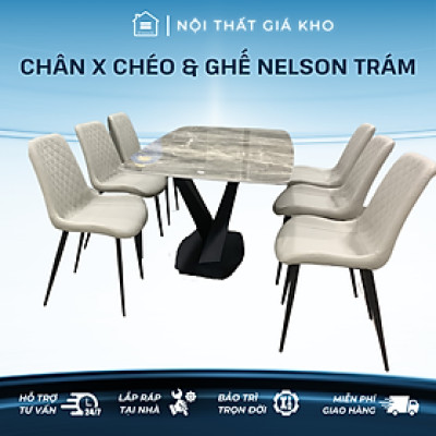 Bộ bàn ăn mặt đá phiến ceramic bóng chân chéo chữ X kết hợp ghế Nelson trám đẹp hiện đại