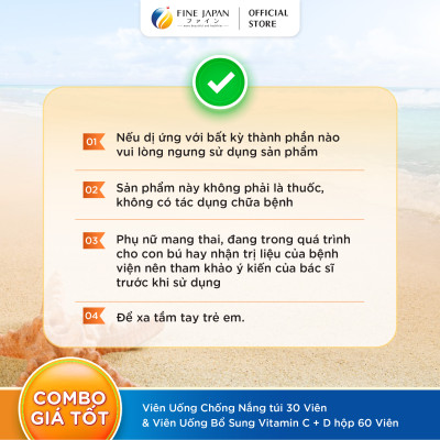 [UV & Vitamin CD] Combo Chống nắng sáng da FINE JAPAN - Viên uống chống nắng & Viên uống bổ sung Vitamin C + D 30 ngày