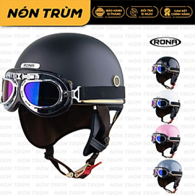 Mũ bảo hiểm xe máy 1/2 Rona Pug kèm kính phi công viền bạc cao cấp, nón có ốp tai che nắng có thể tháo rời