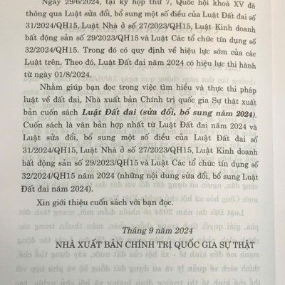 Combo 3 Cuốn Luật Đất đai, Luật Nhà ở, Luật Kinh doanh bất động sản (sửa đổi, bổ sung năm 2024, hiệu lực 1.8.2024)