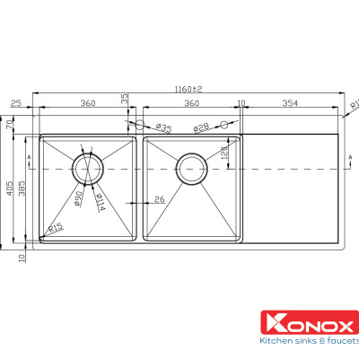 Chậu rửa bát inox Konox, Topmount Series, Model KN11650TD, Inox 304AISI tiêu chuẩn châu Âu, Hạ bậc tích hợp, 1160x500x220(mm),  Bảo hành chính hãng 10 năm, Hàng chính hãng