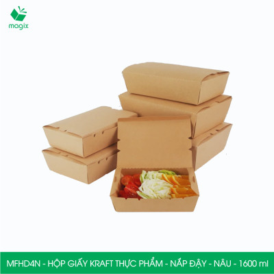 MFHD4N - Combo 50 hộp giấy kraft thực phẩm 1600ml, hộp đựng thức ăn nắp đậy màu nâu, hộp gói đồ ăn mang đi