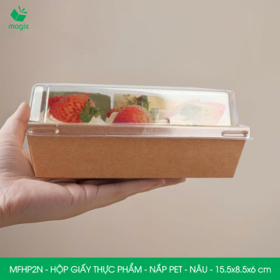 MFHP2N - 15.5x8.5x6 cm - 25 hộp giấy kraft thực phẩm màu nâu nắp Pet, hộp giấy chữ nhật đựng thức ăn, hộp bánh nắp trong