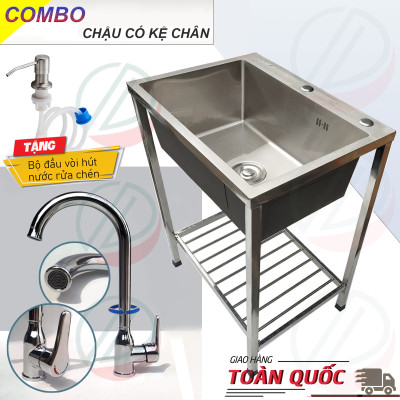 COMBO Chậu Rửa Chén Bát 1 Hộc 60x45cm Có Chân Cao 81cm Kèm Vòi Inox Nóng Lạnh - Gồm kệ chân, chậu, vòi, bộ xả, tặng đầu xịt xà bông